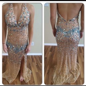Light tan and turquoise blue long gown